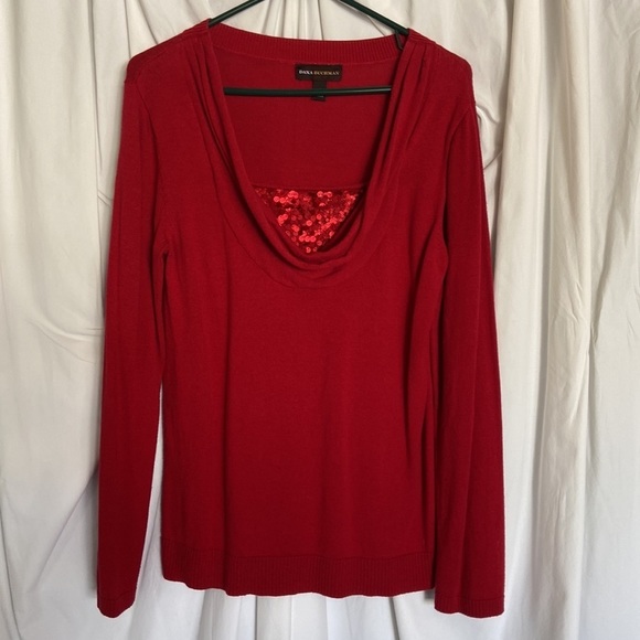 VGUC DANA BACHMAN Sz-M Vintage Red Christmas Top /w Draped & Sequined Neckline🎄 - Picture 3 of 16